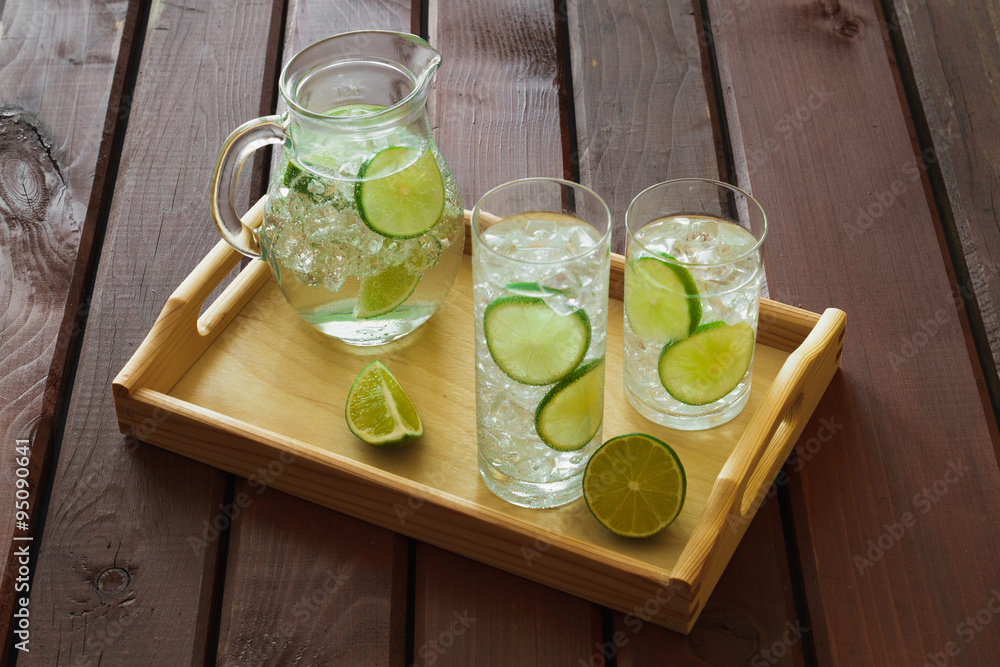 Two drinks and jug on wooden tray with ice and condensation on g