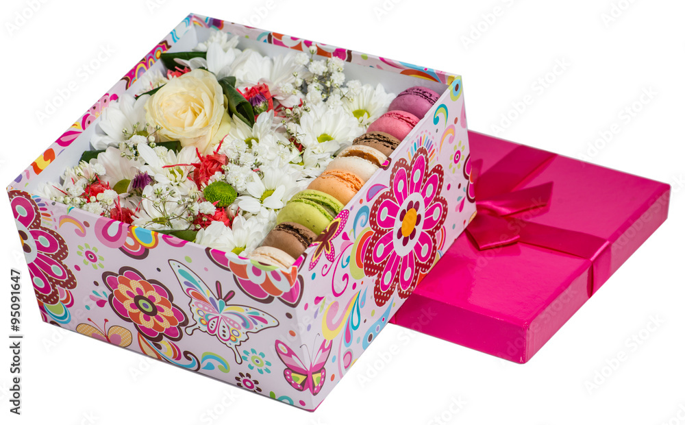Closeup of Flowers and macaroon. Shallow depth of field, focus Closeup of Flowers and macaroon. Shallow depth of field, focus