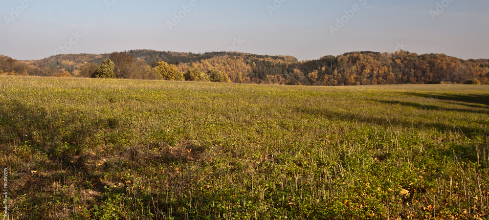 autumn countryside with mix of field, meadows and hills near Plauen city in Vogtland