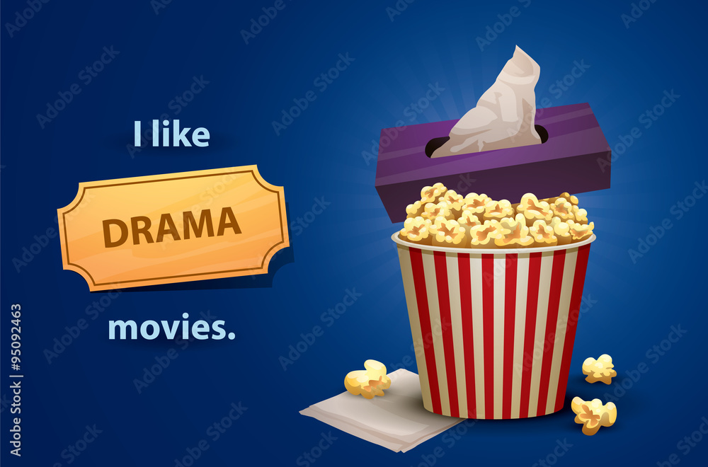 Vector Drama movies. Cartoon image of a red and white popcorn bucket with  purple napkin box on top and white napkin below, symbolizing a Drama movies  on a bright blue background. Stock