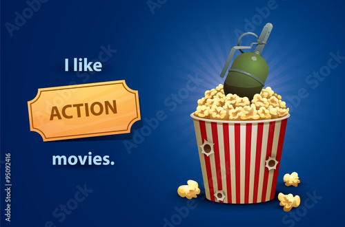 Vector Action movies. Cartoon image of a red and white popcorn bucket with bullet holes and grenade green on top, symbolizing an action movies on a bright blue background. 