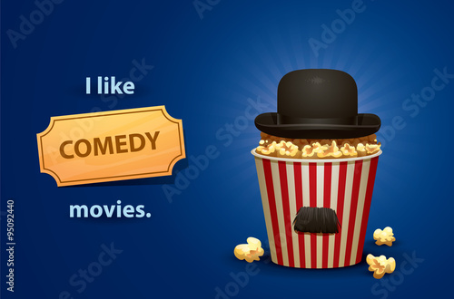 Vector Comedy movies. Cartoon image of a red and white popcorn bucket with black bowler hat on top and black mustache, symbolizing a Comedy movies on a bright blue background.
