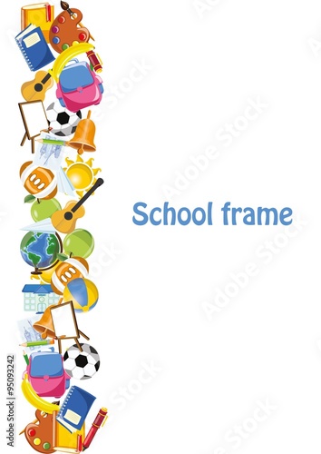 Cartoon students and school stuffs, banner frame