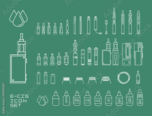 Vector illustration icon set of vaping e-cigarette devices and equipment