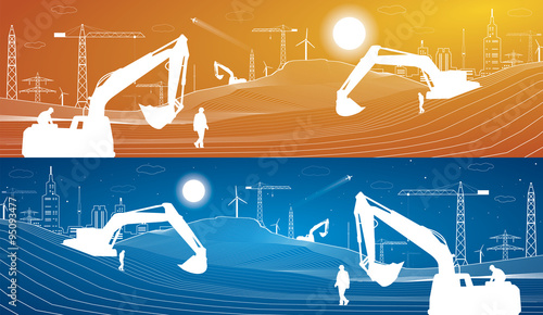 Building panorama, industrial landscape, building cranes, excavators, vector lines design