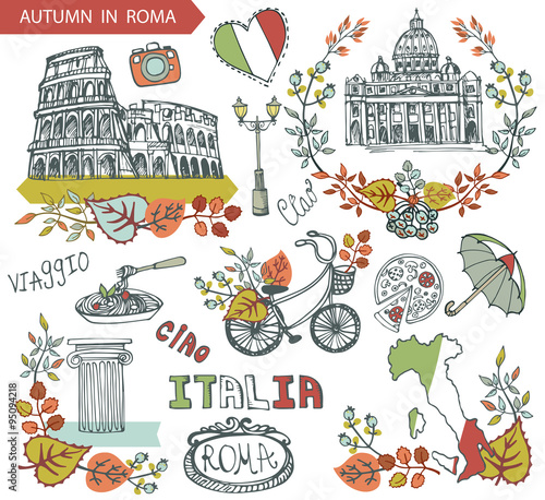 Italy Rome landmark set.Autumn leaves wteath group