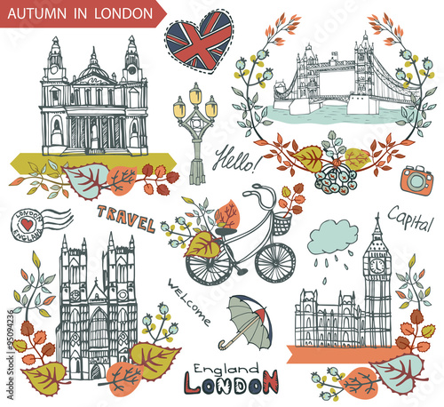 London  landmark.Autumn leaves wteath group