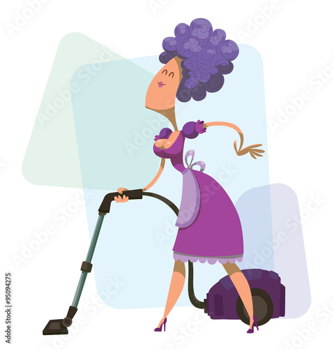Vector cartoon image of a cute housewife with purple hair in a purple dress with purple apron and with purple cleaner in her hand on a light background.