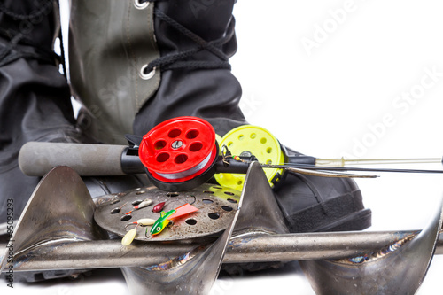 closeup ice fishing tackles and equipment photo