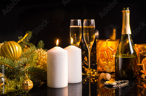 Festive Christmas still life with champagne