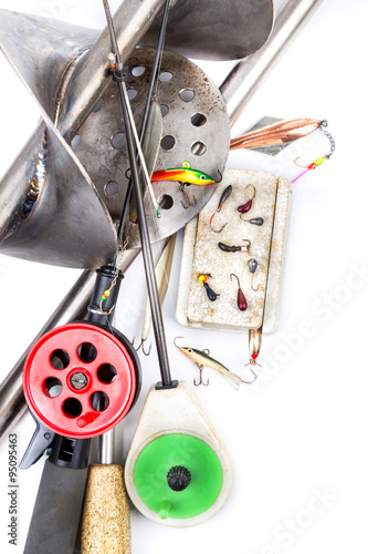 closeup ice fishing tackles and equipment photo