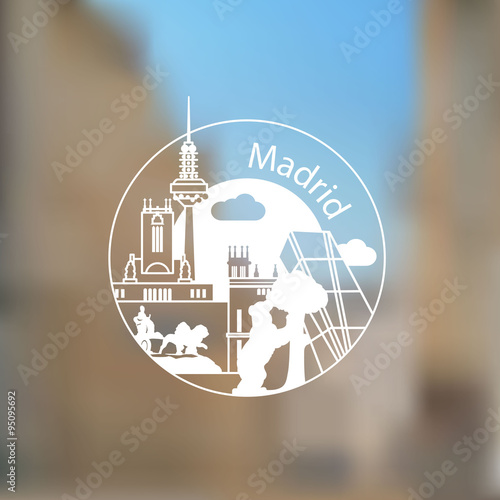 Linear round logo with statue of Bear and strawberry tree and other lanmarks of Madrid, Spain