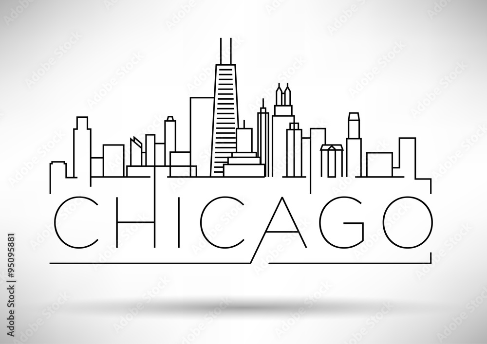 Naklejka premium Liniowa sylwetka miasta Chicago z projektem typograficznym