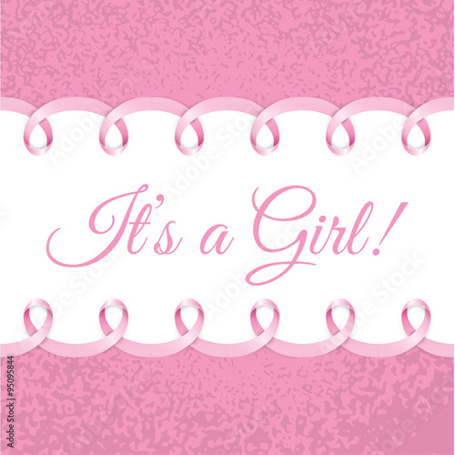 Baby girl shower card with Photorealistic pink ribbon frame for your text