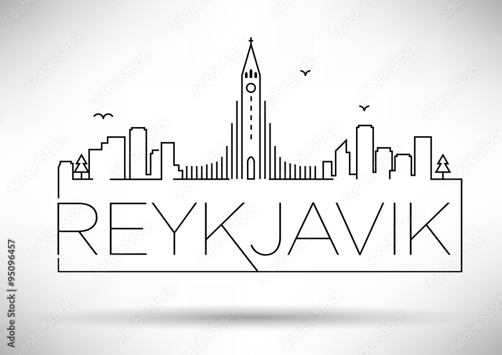 Linear Reykjavik City Silhouette with Typographic Design - obrazy, fototapety, plakaty 
