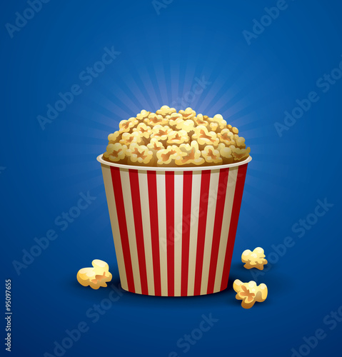 Vector Popcorn Bucket. Image of red and white striped bucket filled with yellow popcorn on a bright blue background.