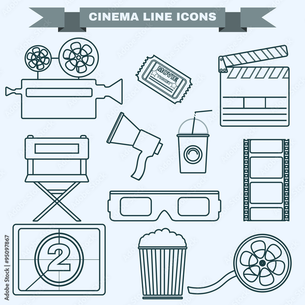 Cinema black and white icon set Stock Vector | Adobe Stock