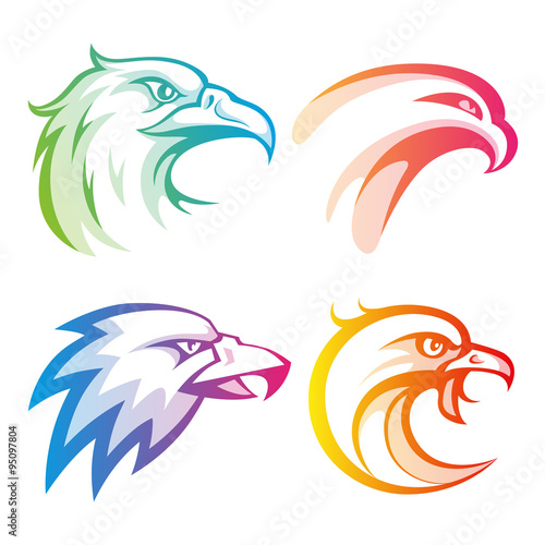 Colorful eagle head logos with rainbow gradients set on white background