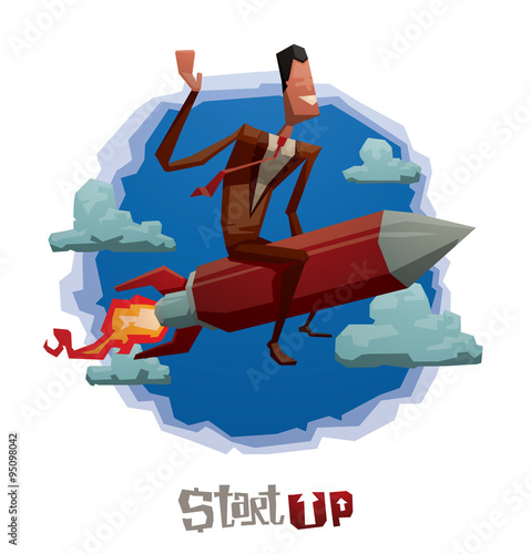 Vector Start Up Man on the Rocket, label. Cartoon image of a round blue label with white clouds with a man in a brown suit, white shirt and red tie sitting astride a red rocket on a white background.