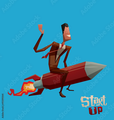 Vector Start Up Man on the Rocket. Cartoon image of a man in a brown suit, white shirt and red tie sitting astride a red rocket on the blue heaven background.