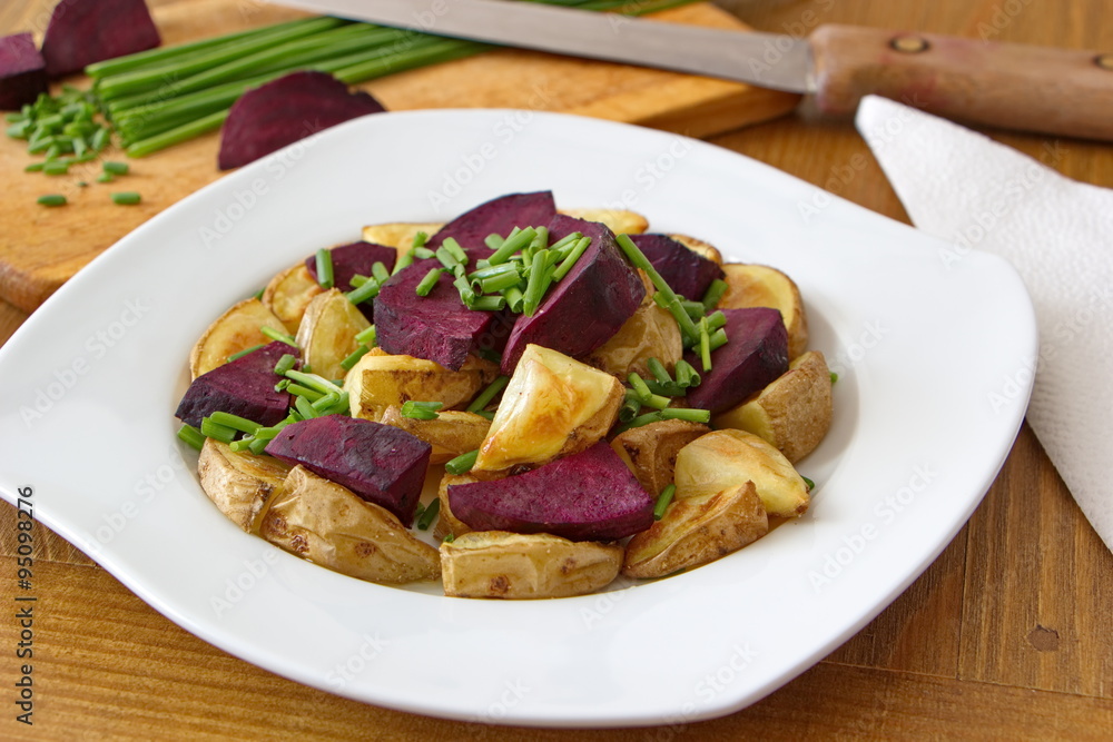 healthy vegetable dinner - beetroot, potatoes and chive healthy vegetable dinner - beetroot, potatoes and chive