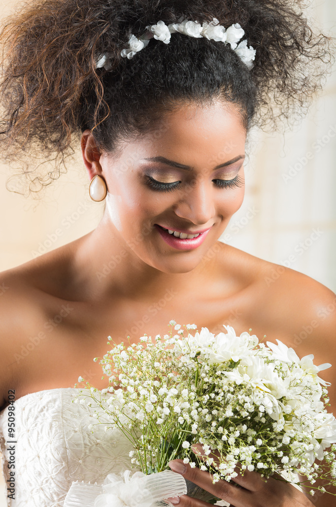 Portrait of beautiful exotic latin bride wearing white dress Portrait of beautiful exotic latin bride wearing white dress