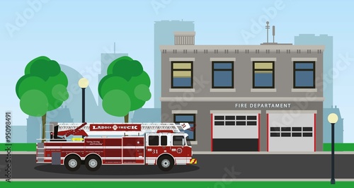 The composition of the fire truck and fire station. Vector illustration. © artsquirrel