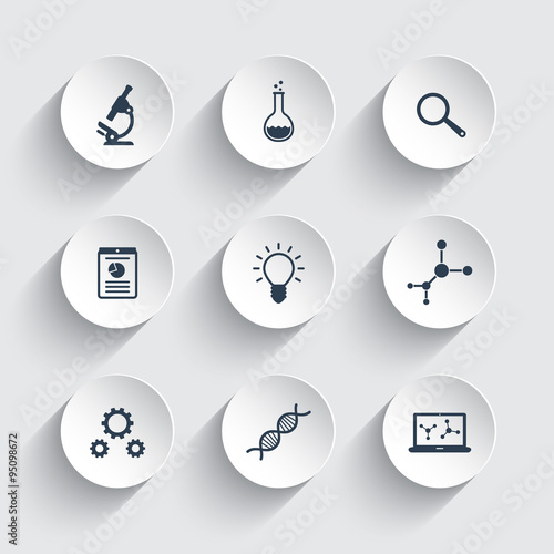Science, research, laboratory icons on round 3d shapes, vector illustration