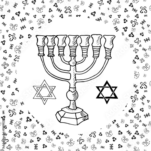 Hand drawn sketch of menorah traditional Jewish religious symbols, Rosh Hashanah, Hanukkah, Shana Tova, vector illustration on ornamental pattern.