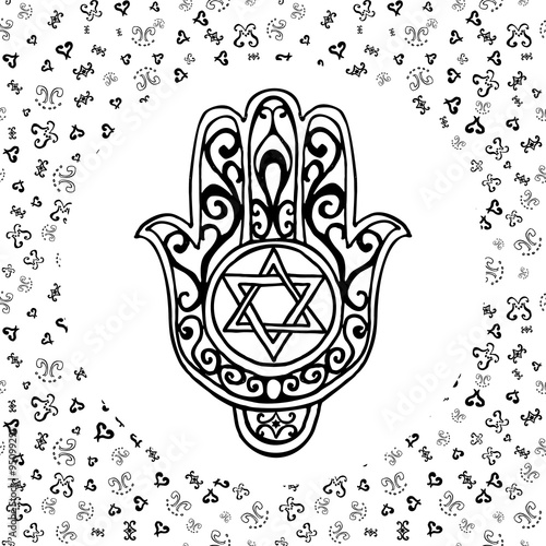 Hand drawn sketch of traditional Jewish religious symbols, hand of Miriam, palm of David, star of David, Rosh Hashanah, Hanukkah, Shana Tova, vector illustration on ornamental pattern