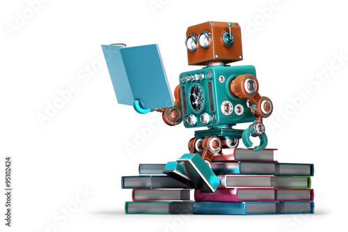 Obraz na płótnie Retro robot reading a book. Isolated. Contains clipping path