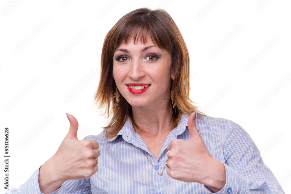 Happy smiling businesswoman with thumbs up gesture, isolated on white Happy smiling businesswoman with thumbs up gesture, isolated on white