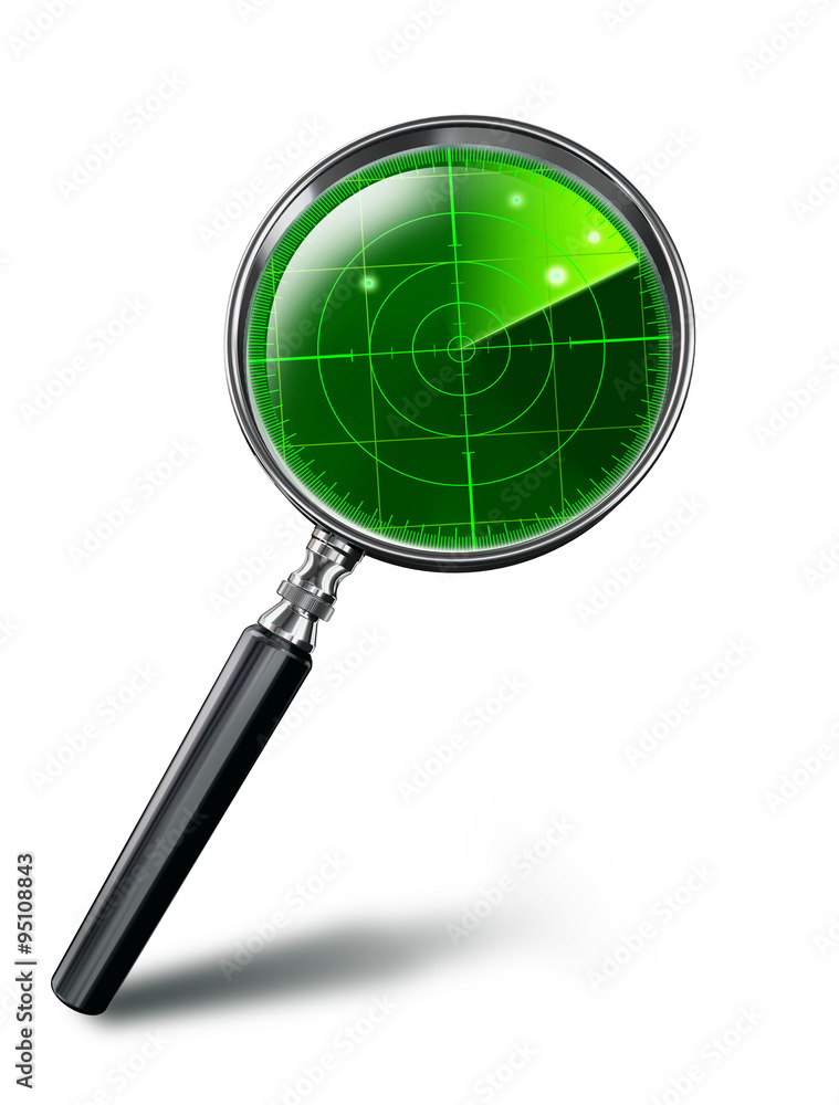 green radar concept on magnifying glass green radar concept on magnifying glass