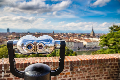 Binoculars and Turin city centre behind-Turin,Italy