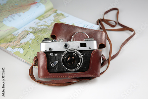 old photo camera with map