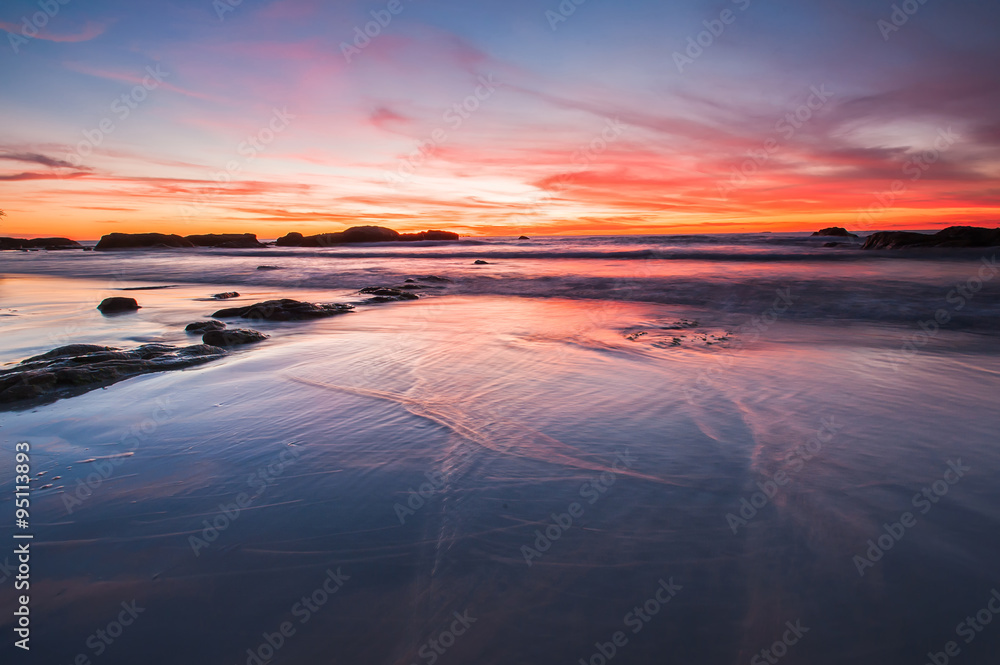 sunset with reflection of wet sand