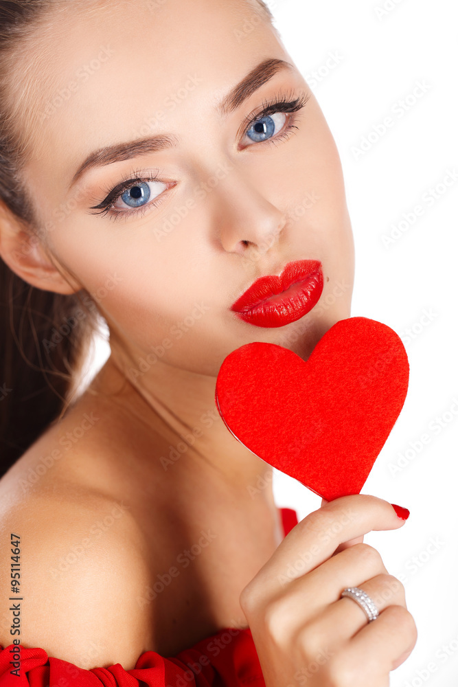 Portrait of beautiful girl with red heart Portrait of beautiful girl with red heart