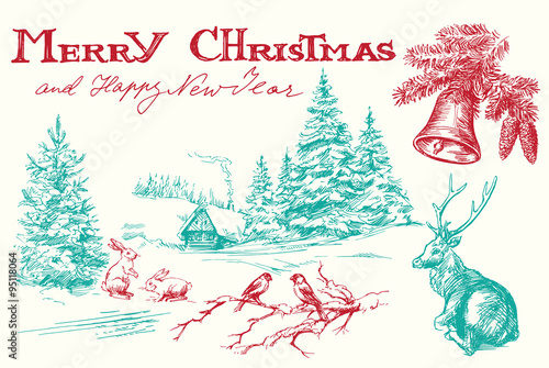 Hand drawn vintage Christmas card