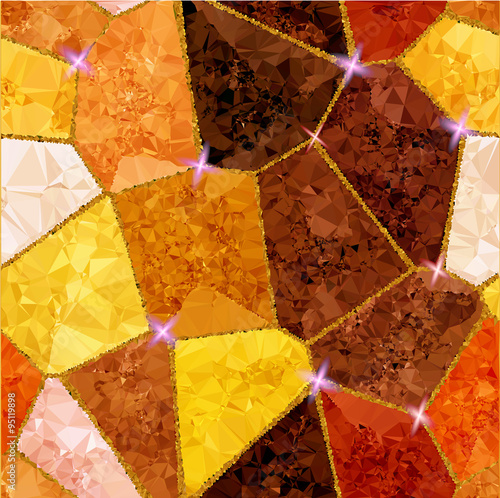 Abstract gold, brown, red and white pattern of crystals and polygons with light reflections and stars