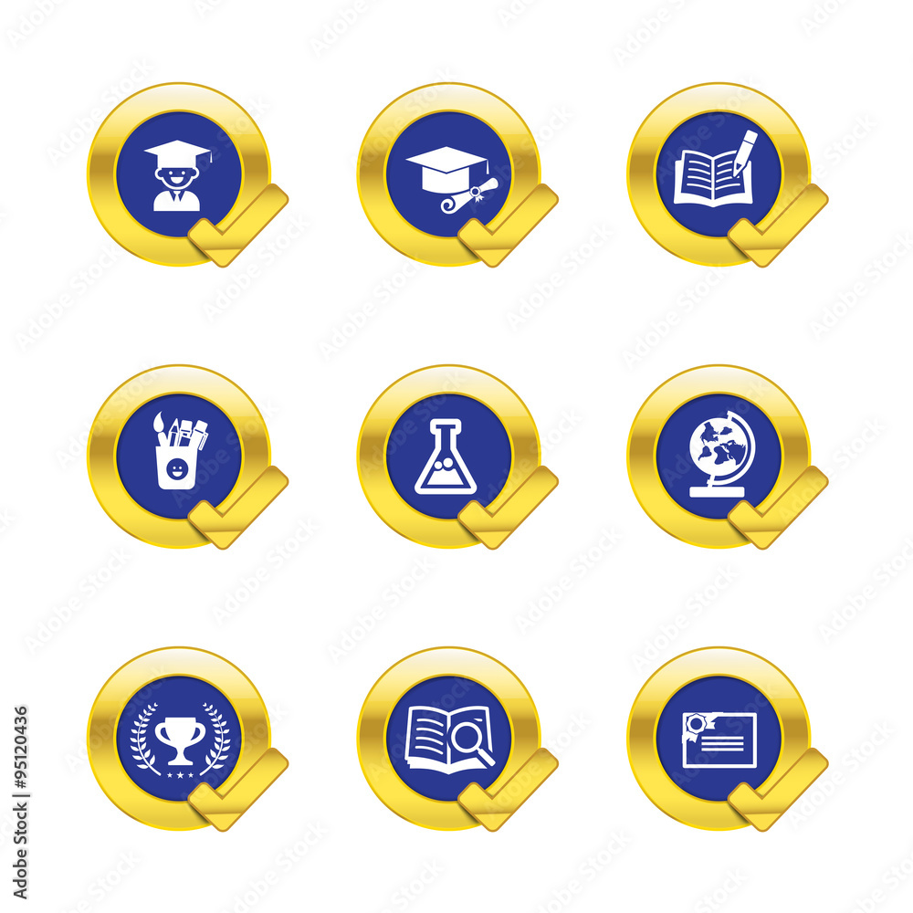 Gold circle and check mark with education icons isolated on whit Gold circle and check mark with education icons isolated on whit