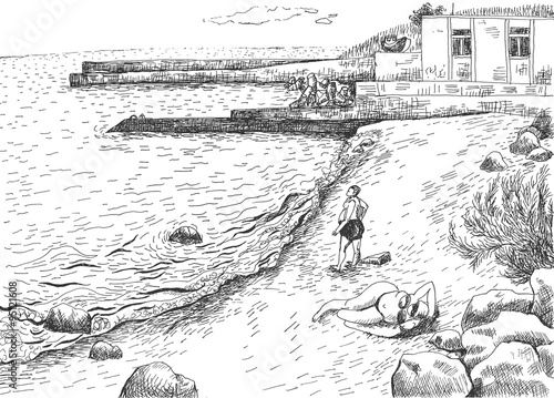 Seascape with vacationers sunbathing on the beach. Monochrome freehand ink drawn backdrop sketchy in art doodle style pen.