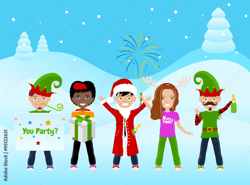 Fototapeta premium Christmas Postcard With 5 Characters
