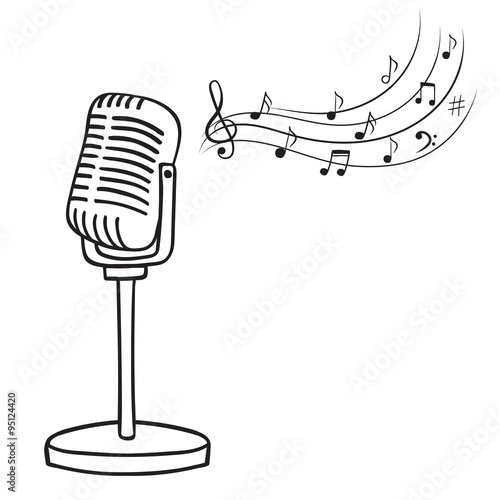 Old microphone and music notes hand drawn vector. Vintage music background.