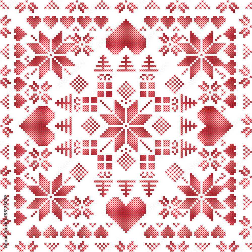 Scandinavian style Nordic winter stich , knitting seamless pattern in the square shape including snowflakes, xmas gifts, xmas trees, hearts and Decorative elements in red
Scandinavian style Nordic winter stich , knitting seamless pattern in the square shape including snowflakes, xmas gifts, xmas trees, hearts and Decorative elements in red