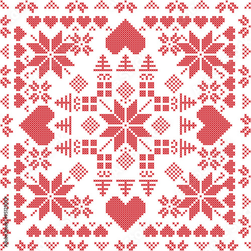 Scandinavian style Nordic winter stich , knitting seamless pattern in the square shape including snowflakes, xmas gifts, xmas trees, hearts and  Decorative elements in red
