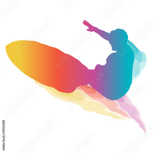 Surfer silhouette riding a big wave with colourful grandient.