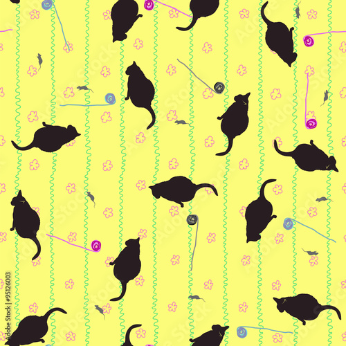 Seamless pattern of cats, mice and balls on a yellow wallpaper background with flowers. Vector illustration.