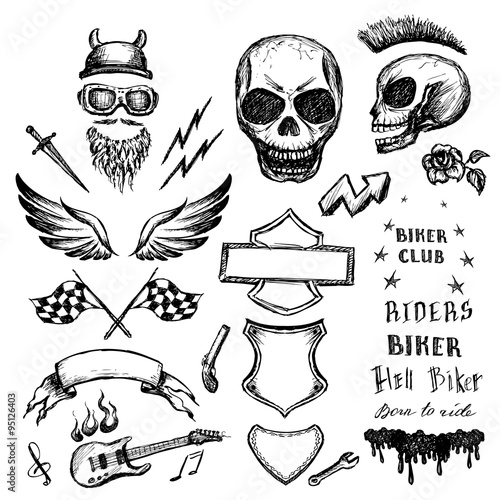 bikers doodles set, hand drawn design elements