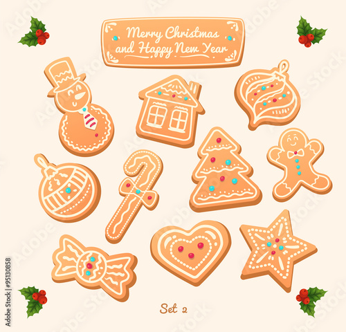 Gingerbread cookies on white background. Snowflake, star, man, angel, candy shapes