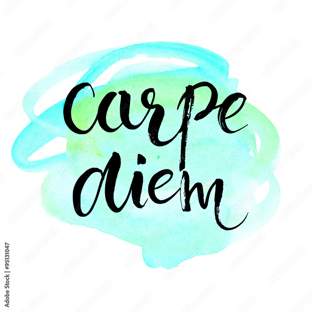 Obraz Carpe diem - latin phrase means seize the day, enjoy the moment. Inspirational quote expressive handwritten with brush on blue watercolor imitation texture background. Vector calligraphy art